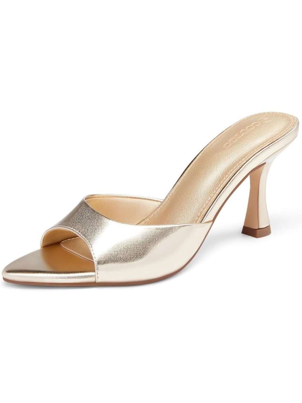 Womens Gold Faux Leather Kitten Heeled Mules Pointed Open Toe Heeled Sandal